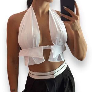 White Wrap Around Neck Backless Cuff Detailed Halter Crop Top - NEW